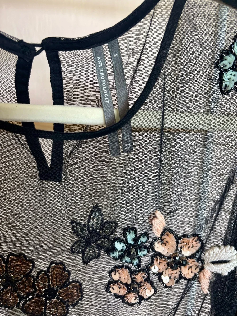 Anthropologie Black Sheer Floral Embroidered Peplum Blouse